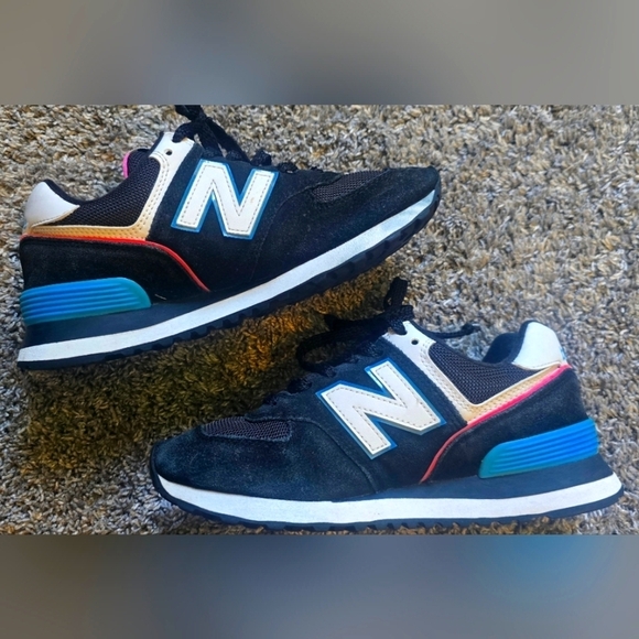 New Balance Shoes - Retro New Balance 574 "Night Sky" Black Suede sneakers Teal, Pink Accents Size 7